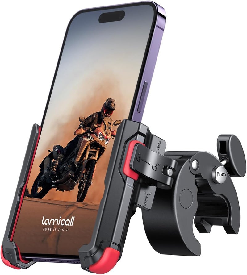 Lamicall Motorcycle Phone Mount Holder - [Camera Friendly] [1s Lock] Bike Phone Holder Handlebar Clamp, Bicycle Scooter Phone Clip, for iPhone Air, 17, 16, 15 Pro Max, Galaxy, 4.7-7" Phones, Red - Image 1